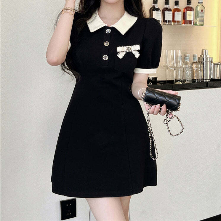 Gen Z K-POP Streetwear: Bow Knot Polo Neck Casual Dress