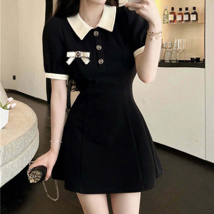 Gen Z K-POP Streetwear: Bow Knot Polo Neck Casual Dress