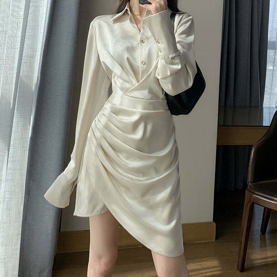 Gen Z K-POP Streetwear: Button Pleated Satin Shirt Dress