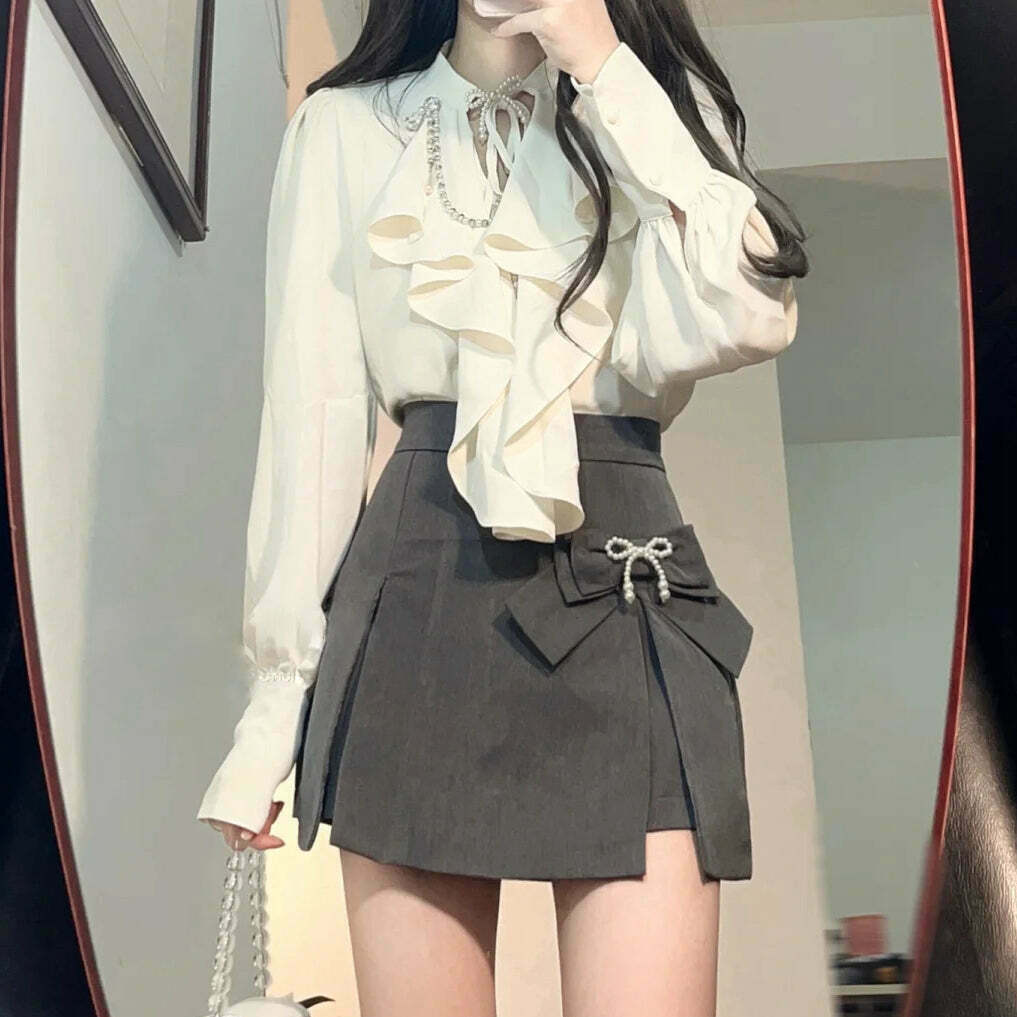 Gen Z K-POP Streetwear Chain Long Sleeve Shirt & Bow Skirt Set