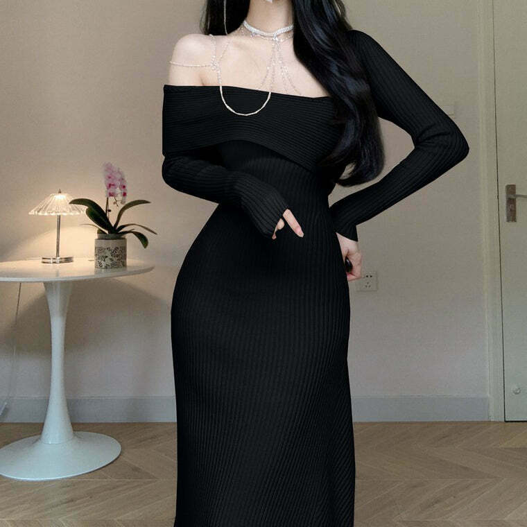 Gen Z K-POP Streetwear: Chain One Shoulder Knitted Dress