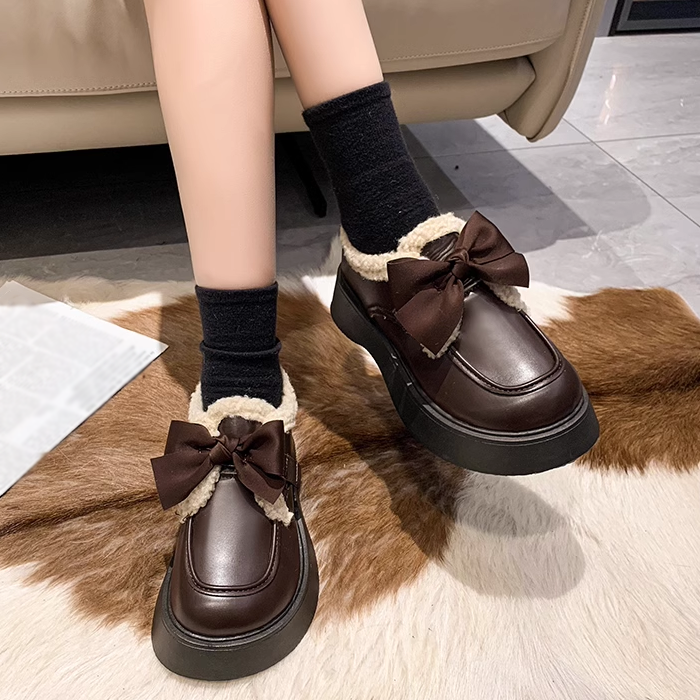 Gen Z K-POP Streetwear: Chunky Sole Bow Leather Shoes