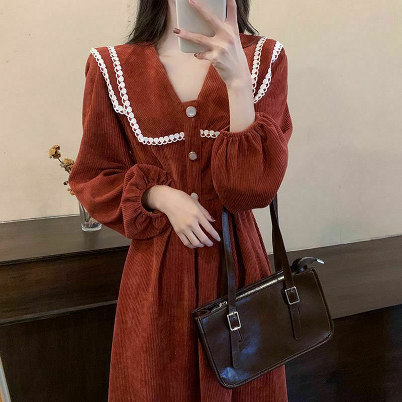 Gen Z K-POP Streetwear: Corduroy Slim Dress with Waistline Detail