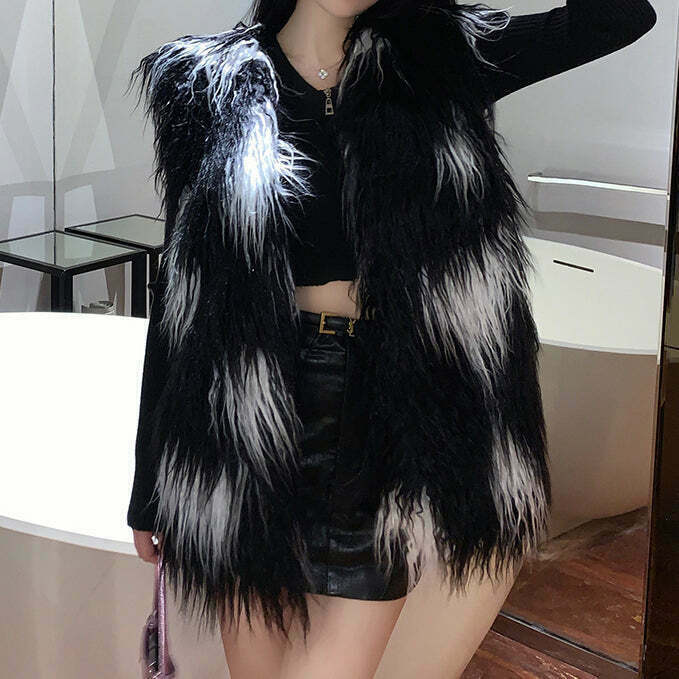 Gen Z K-POP Streetwear: Cow Print Faux Fur Vest for Y2K Style