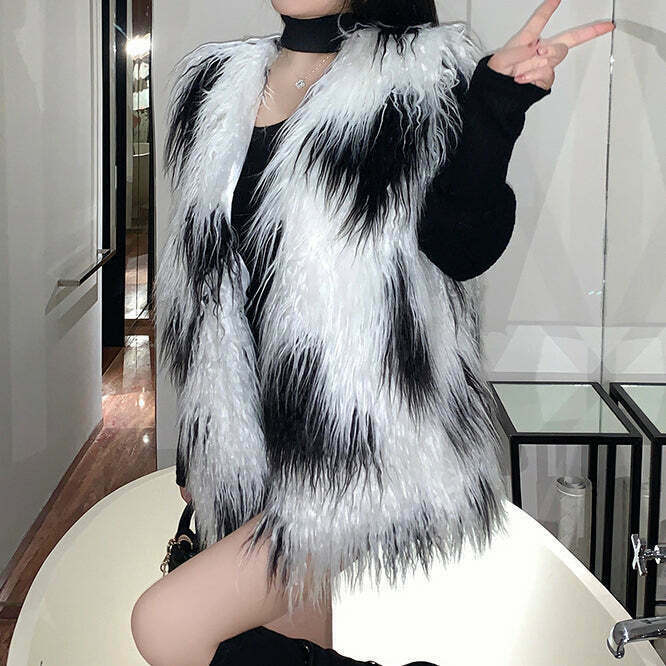 Gen Z K-POP Streetwear: Cow Print Faux Fur Vest for Y2K Style