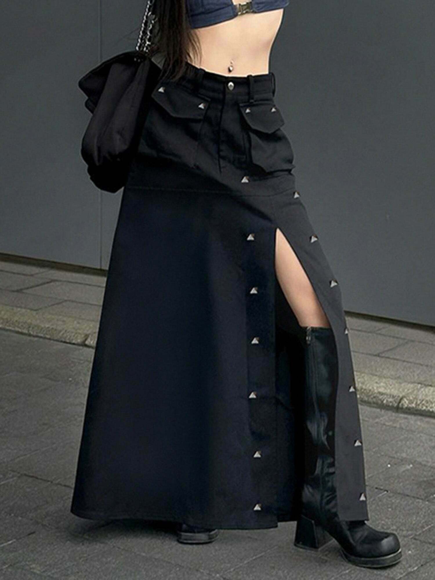 Gen Z K-POP Streetwear: Dark Style Rivet Pocket High Waist Skirt