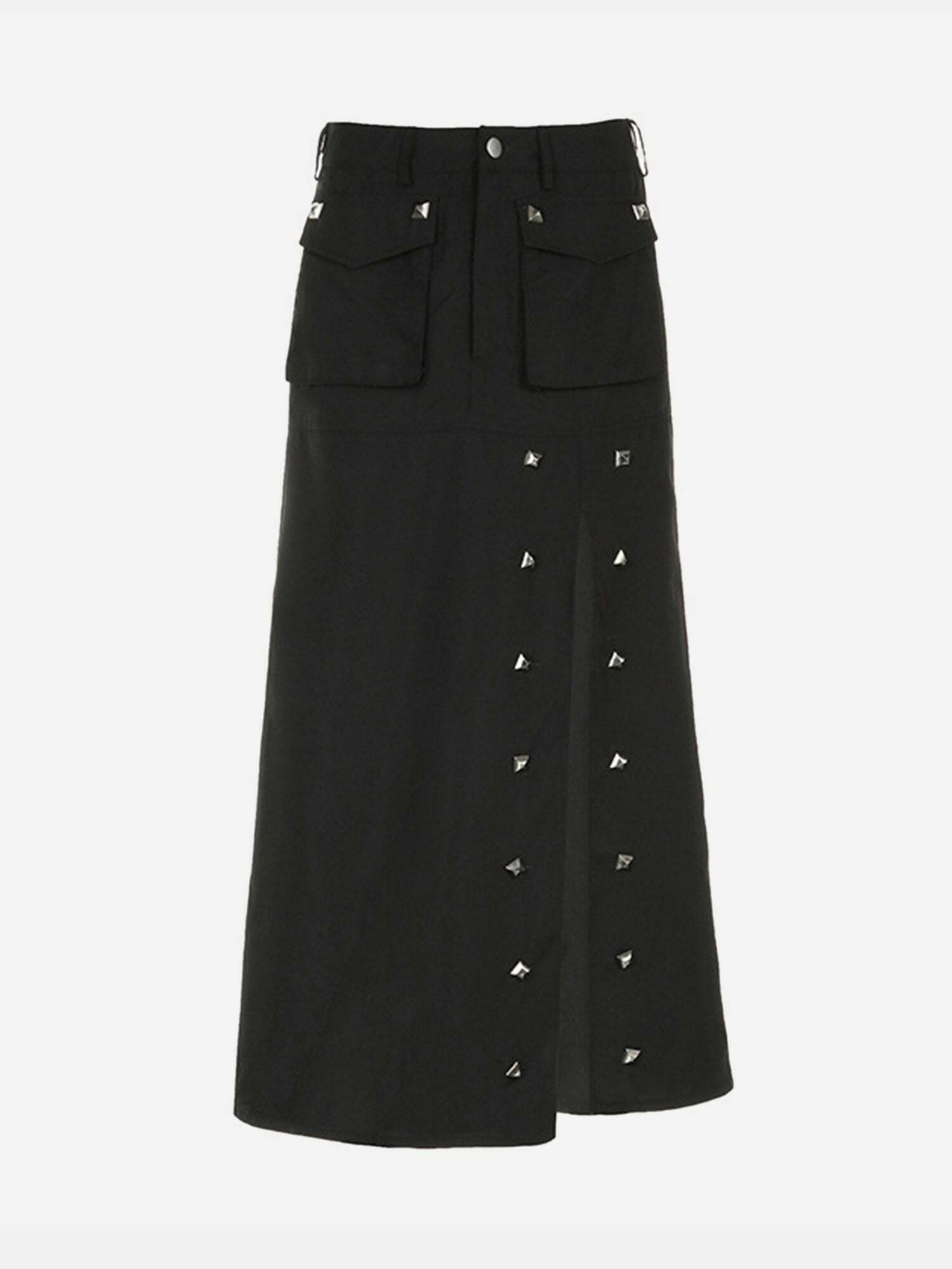 Gen Z K-POP Streetwear: Dark Style Rivet Pocket High Waist Skirt