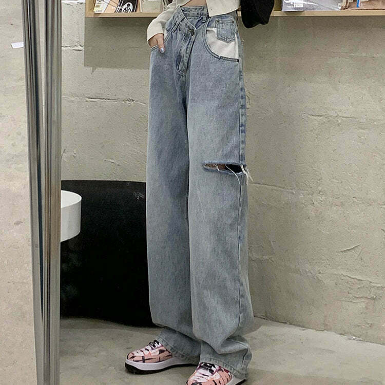 Gen Z K-POP Streetwear: Distressed High Waist Wide-Leg Jeans