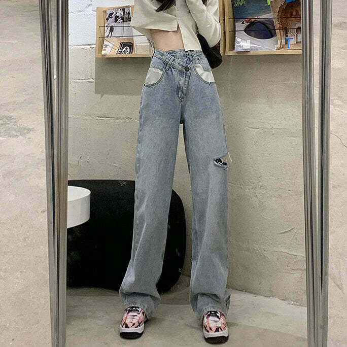 Gen Z K-POP Streetwear: Distressed High Waist Wide-Leg Jeans