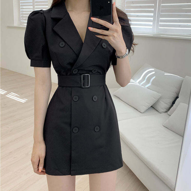 Gen Z K-POP Streetwear Dress with Puff Sleeves & Belt