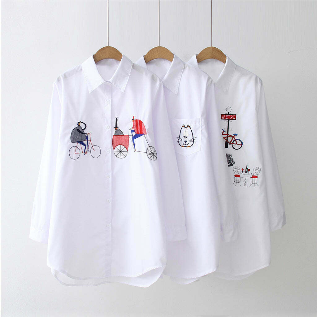 Gen Z K-POP Streetwear: Embroidered White Shirt for Casual Y2K Style