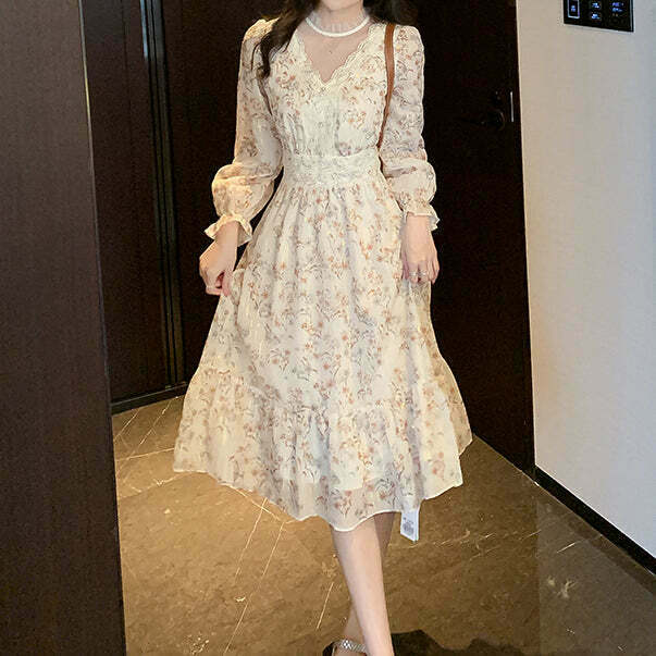 Gen Z K-POP Streetwear: Floral Chiffon Long-Sleeve Dress