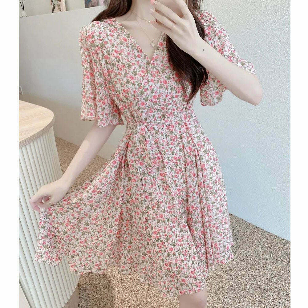 Gen Z K-POP Streetwear: Floral Chiffon V-Neck Mini Dress