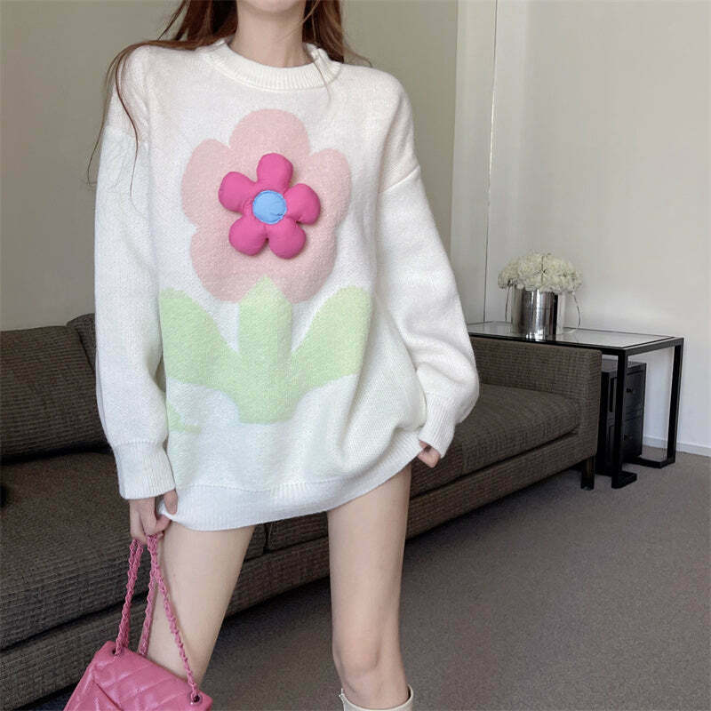 Gen Z K-POP Streetwear: Floral Knit Sweater with Loose Fit