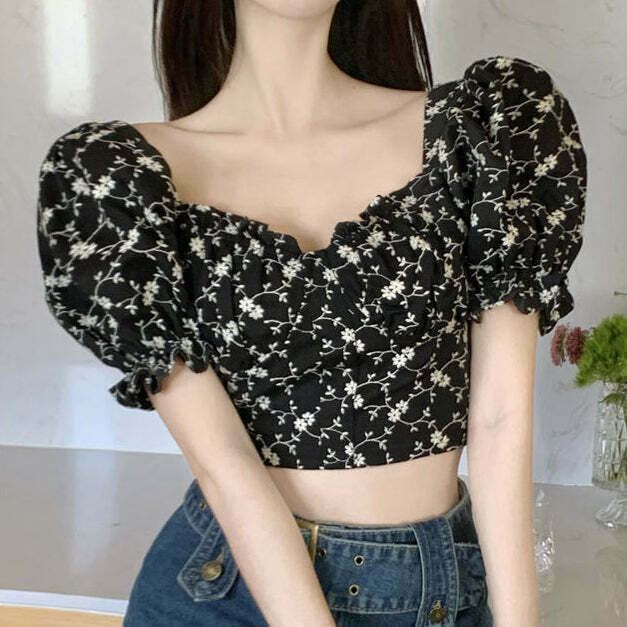 Gen Z K-POP Streetwear: Floral Puff Sleeve Square Neck Top