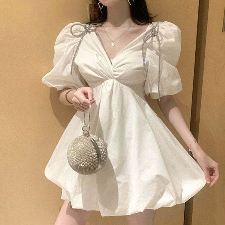 Gen Z K-POP Streetwear: Fluffy White Dress with Puff Sleeves