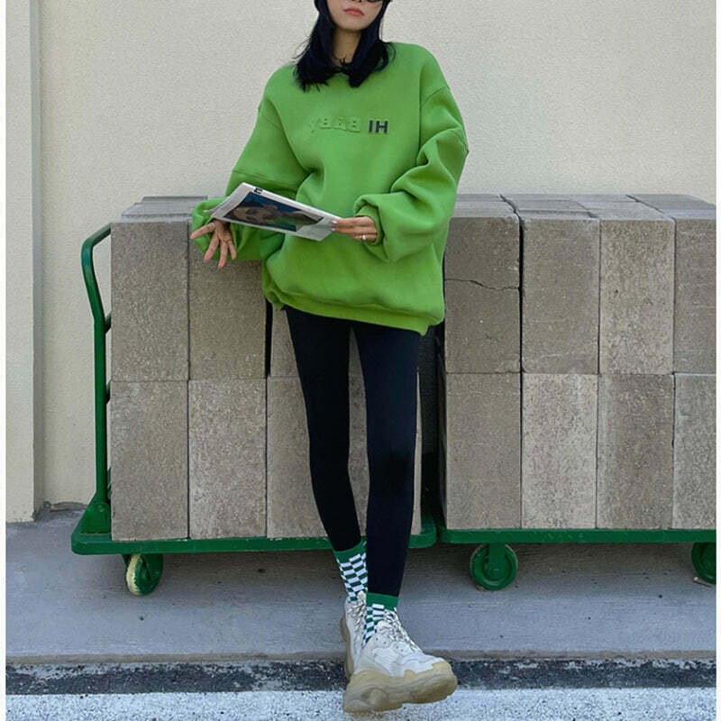 Gen Z K-POP Streetwear: Green Fleece Crew Neck Sweatshirt for Y2K Style