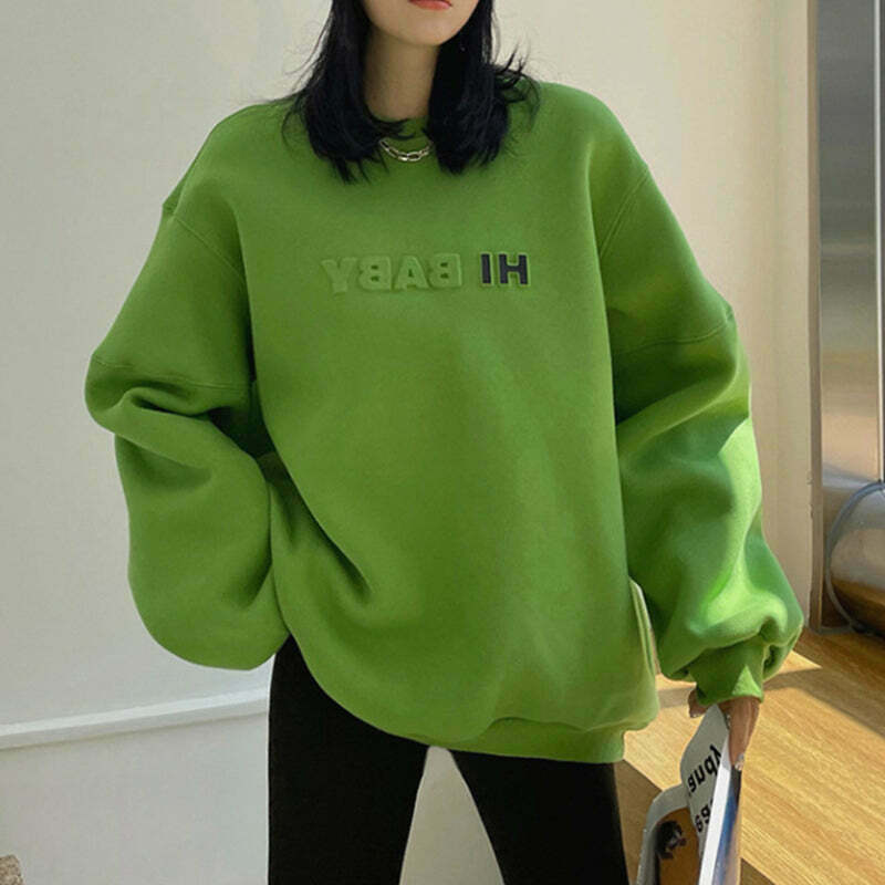 Gen Z K-POP Streetwear: Green Fleece Crew Neck Sweatshirt for Y2K Style