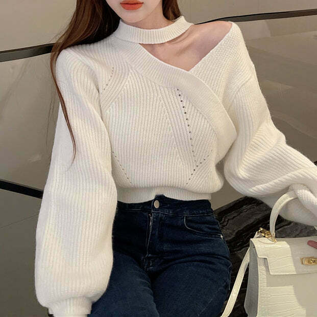 Gen Z K-POP Streetwear: Halter V-Neck Cross Knit Sweater