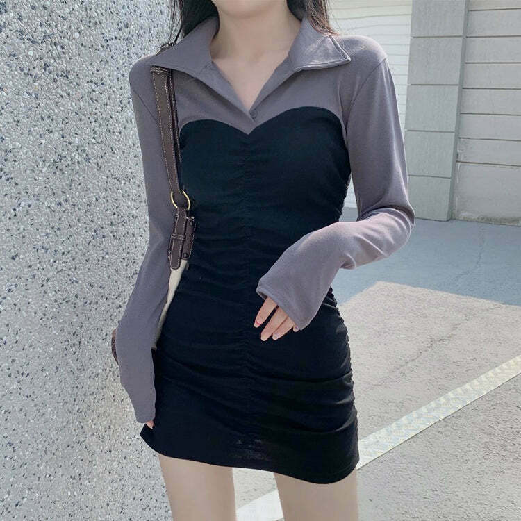 Gen Z K-POP Streetwear: High Waist Bodycon Dress with Polo Neck