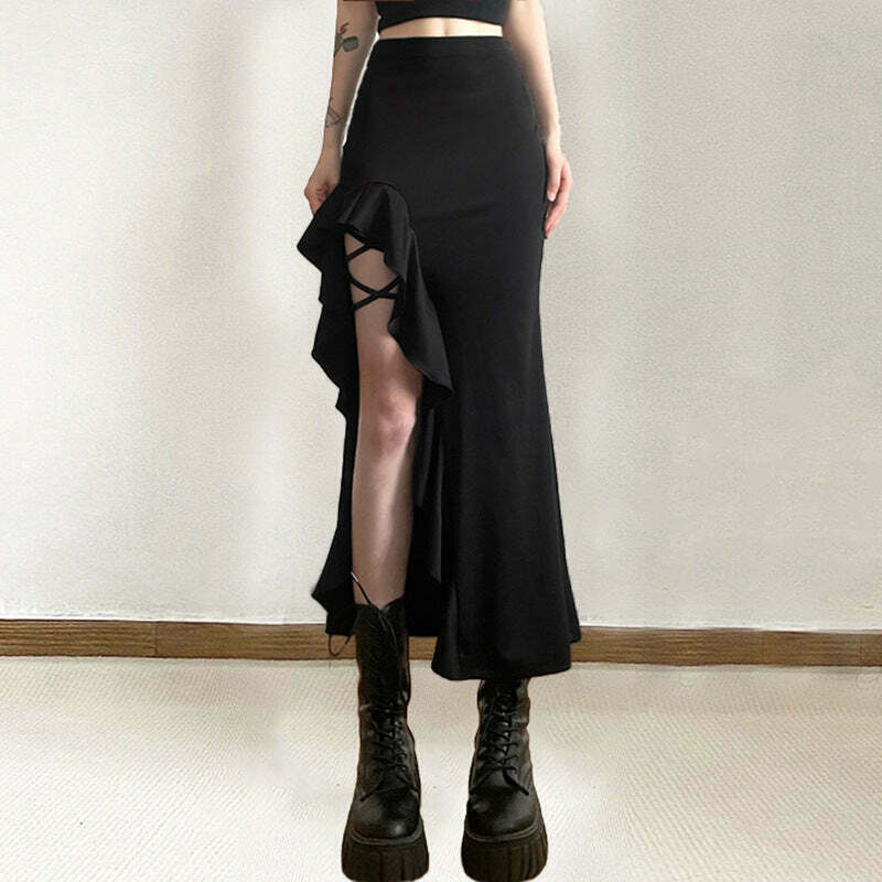 Gen Z K-POP Streetwear: High Waist Slit Skirt for Y2K Style