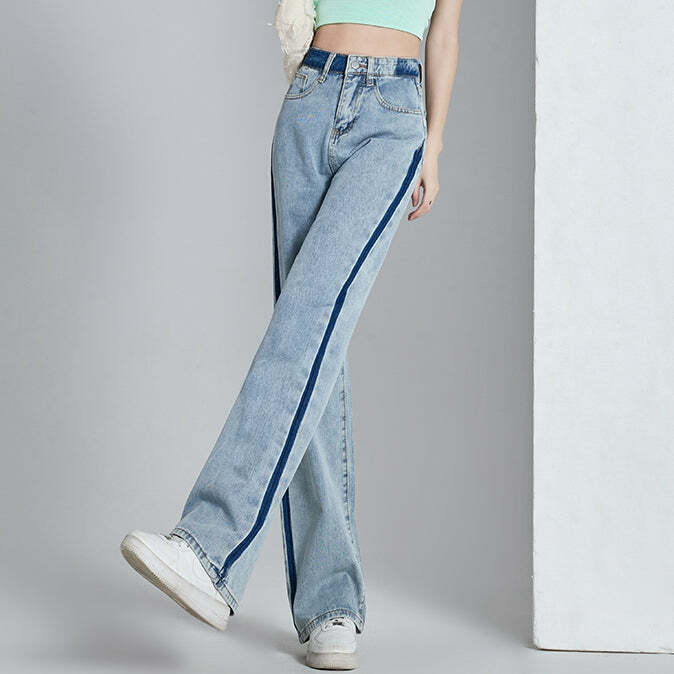 Gen Z K-POP Streetwear: High-Waist Wide-Leg Jeans in Vibrant Contrast