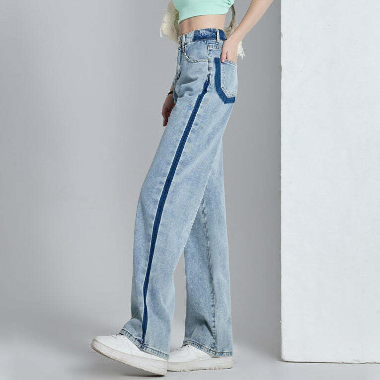 Gen Z K-POP Streetwear: High-Waist Wide-Leg Jeans in Vibrant Contrast