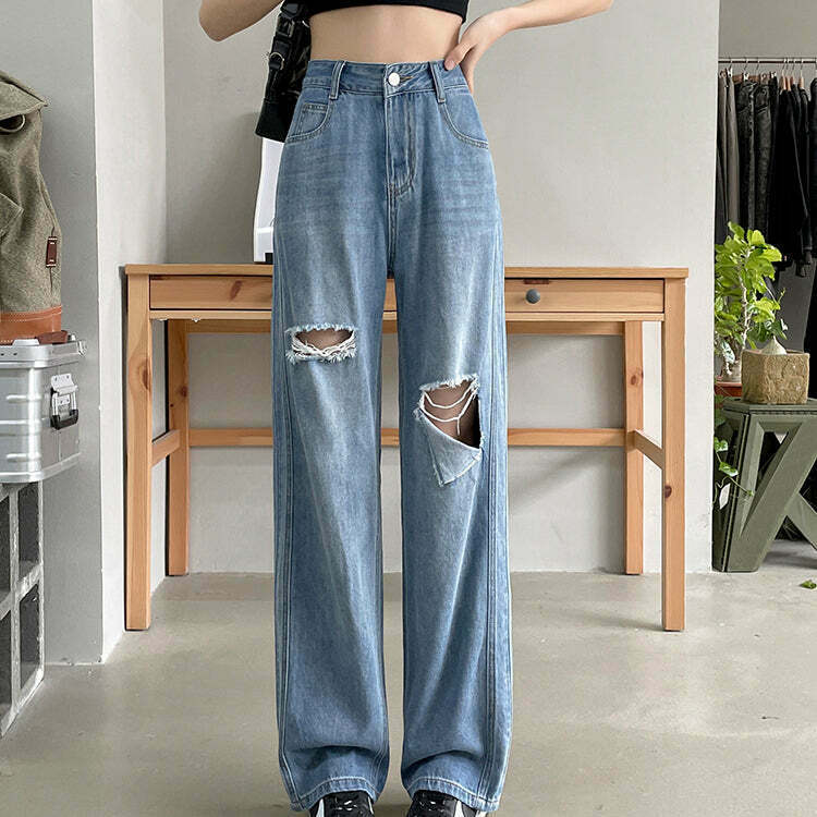 Gen Z K-POP Streetwear: High Waist Wide Leg Ripped Jeans