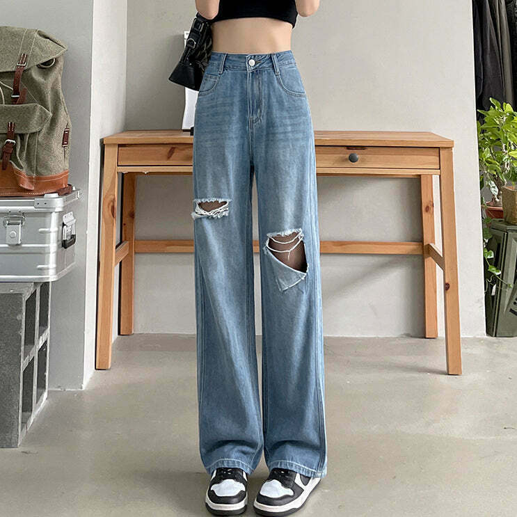 Gen Z K-POP Streetwear: High Waist Wide Leg Ripped Jeans