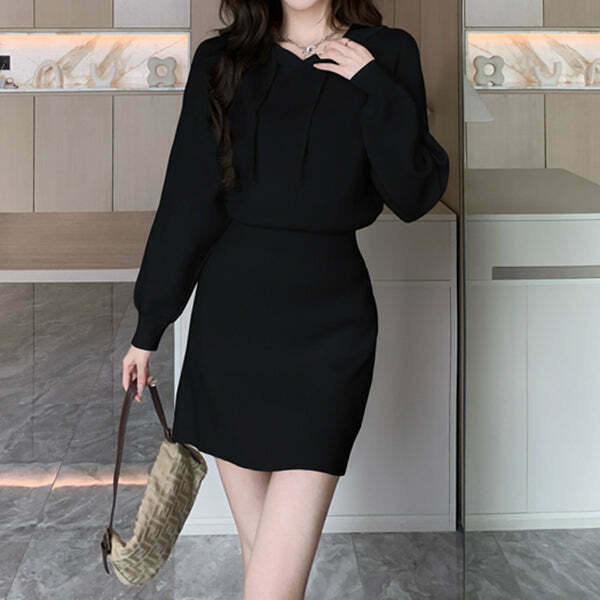 Gen Z K-POP Streetwear Hooded Knit Sweater Dress