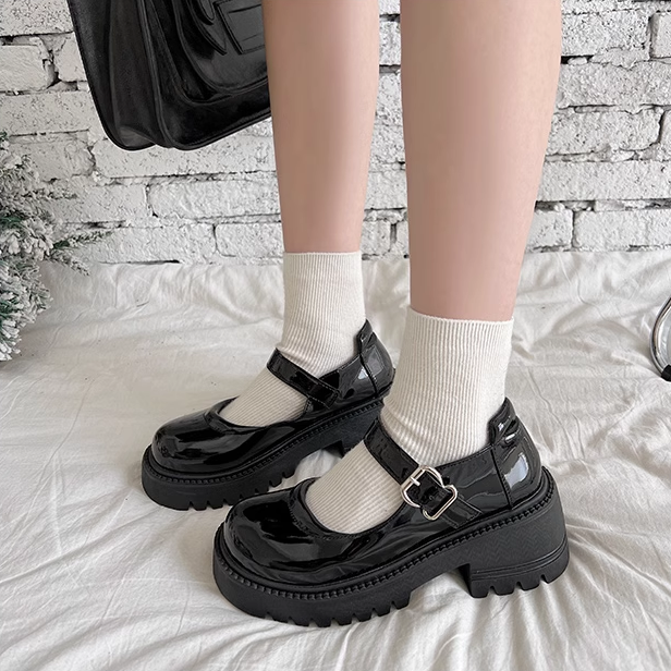 Gen Z K-POP Streetwear: Leather Buckle Round Toe Thick Heel Shoes