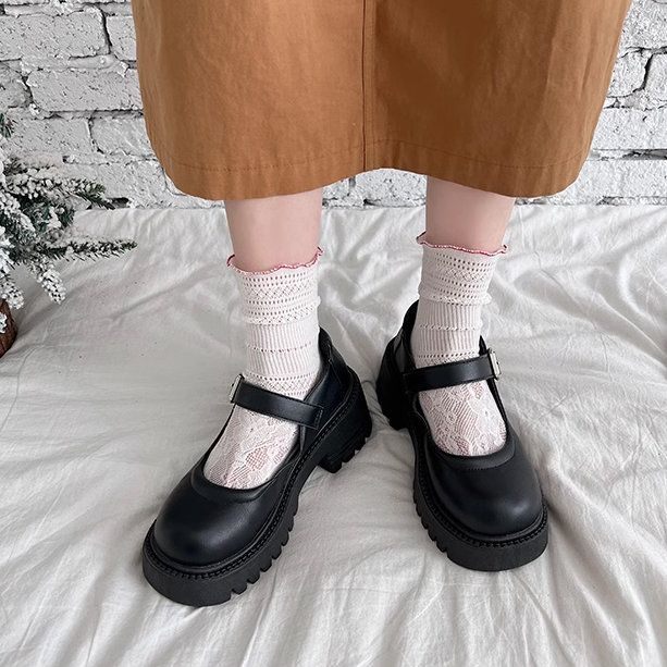 Gen Z K-POP Streetwear: Leather Buckle Round Toe Thick Heel Shoes