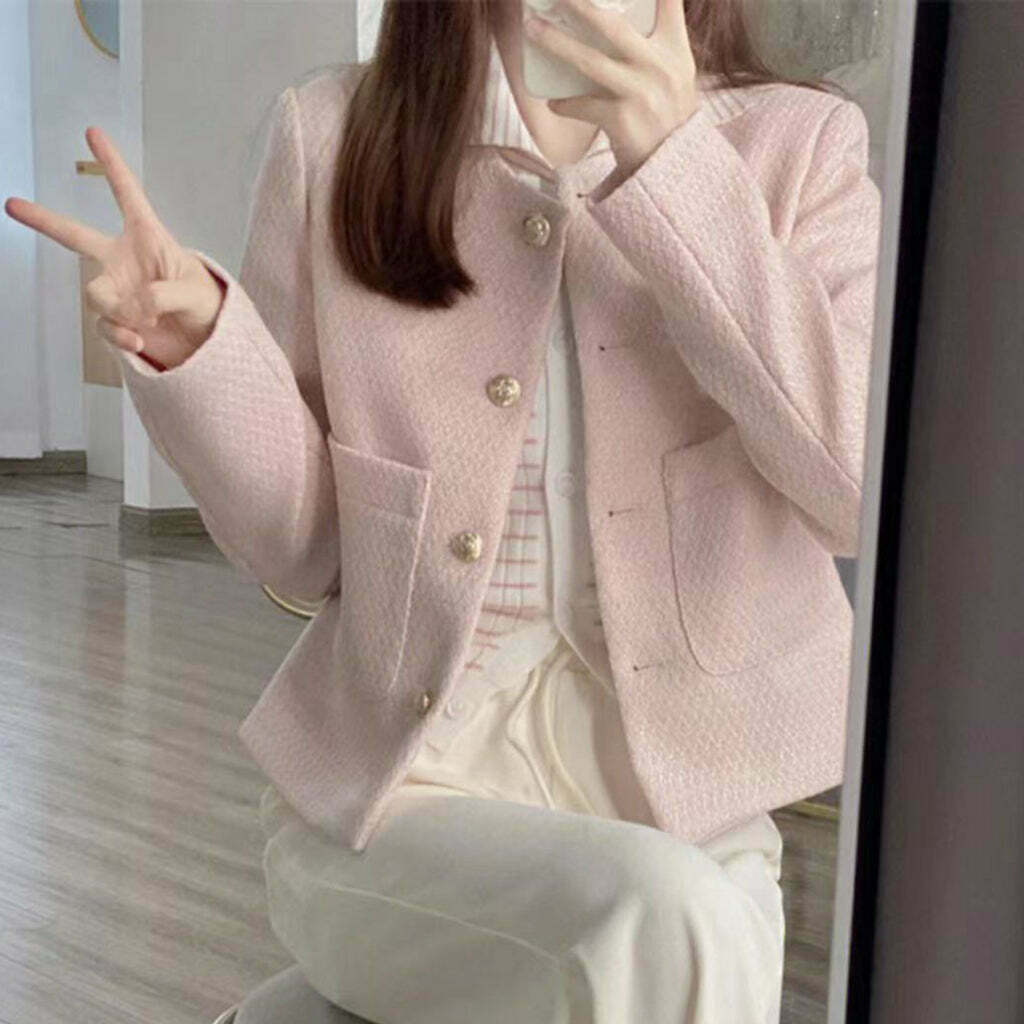 Gen Z K-POP Streetwear: Light Pink Long Sleeve Coat