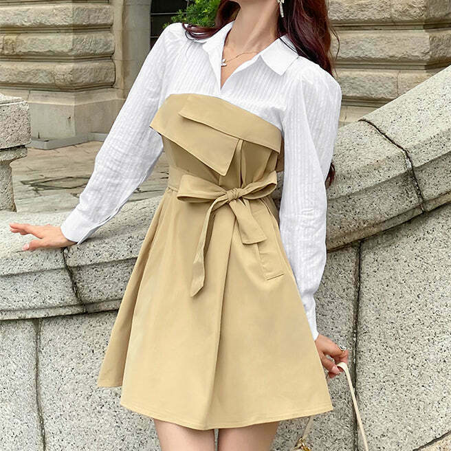 Gen Z K-POP Streetwear Long Sleeve High Waist Panel Dress