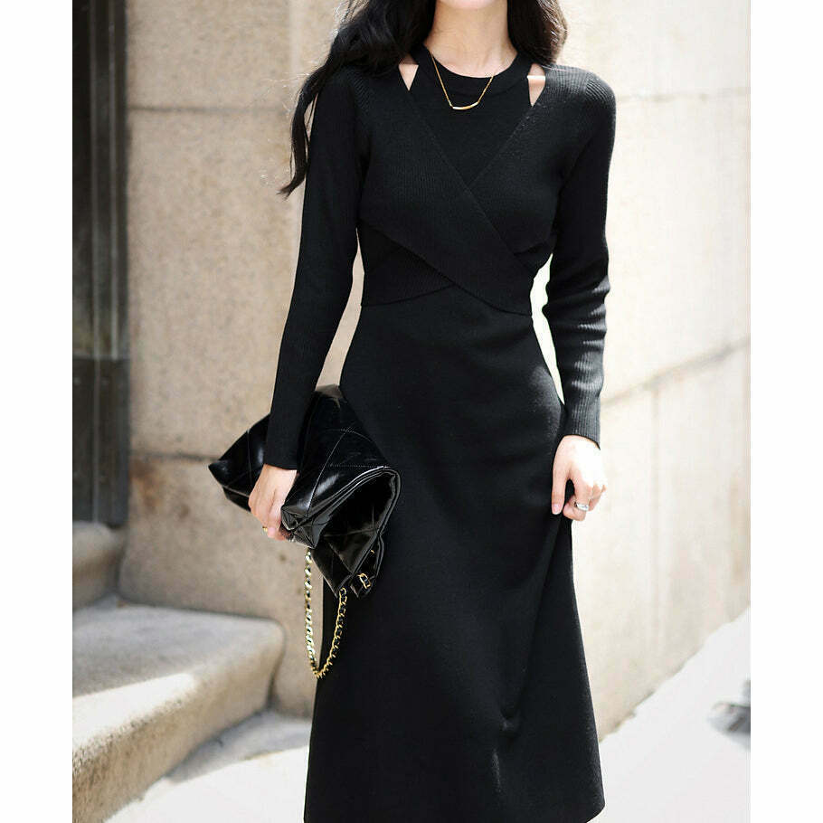 Gen Z K-POP Streetwear: Long-Sleeve Knit Bodycon Dress