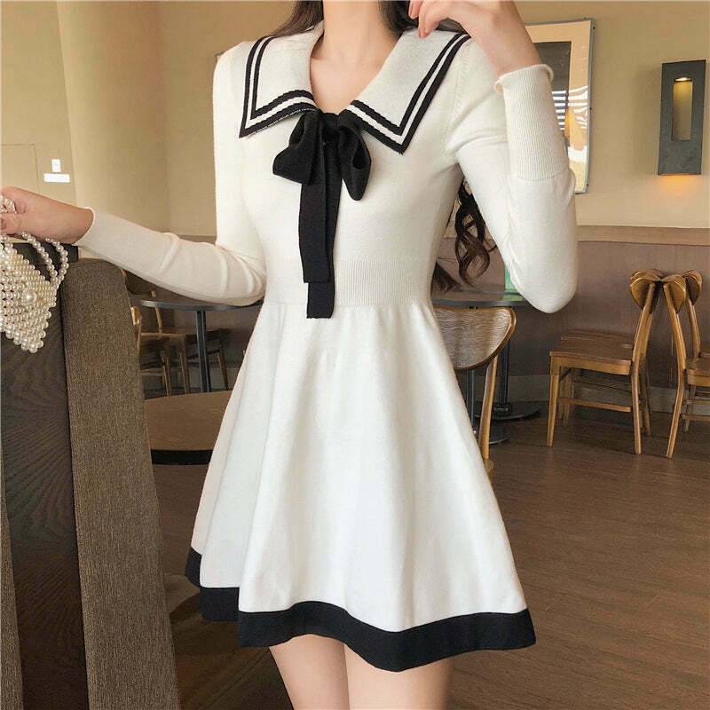 Gen Z K-POP Streetwear: Long-Sleeve Knit Bow A-Line Dress