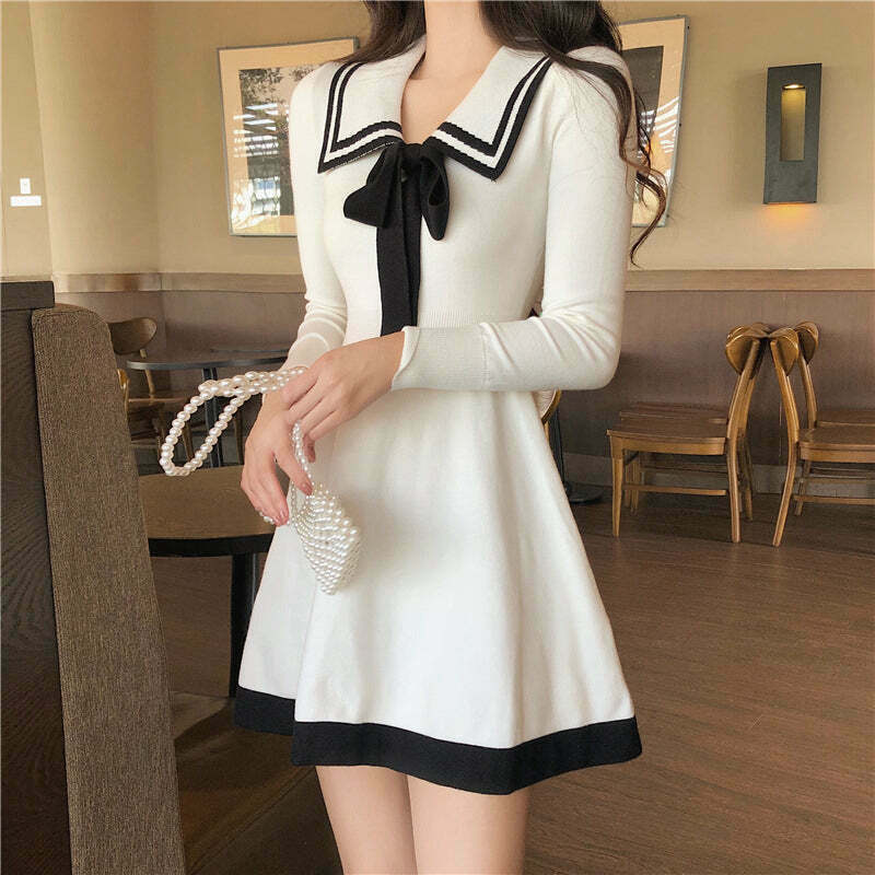 Gen Z K-POP Streetwear: Long-Sleeve Knit Bow A-Line Dress