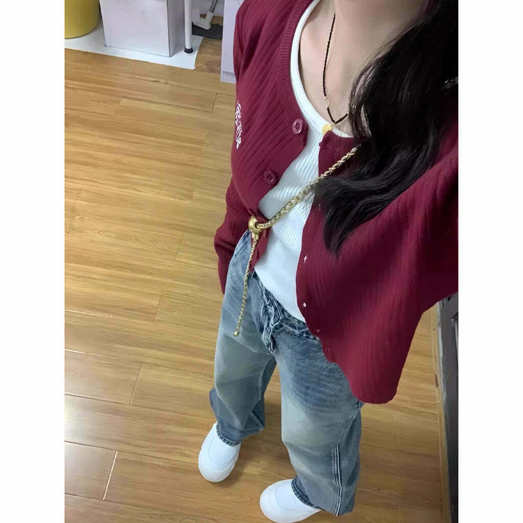 Gen Z K-POP Streetwear: Long Sleeve Knit Cardigan & Jeans Set