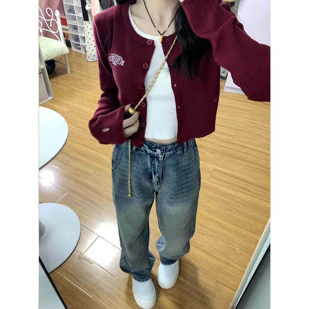 Gen Z K-POP Streetwear: Long Sleeve Knit Cardigan & Jeans Set