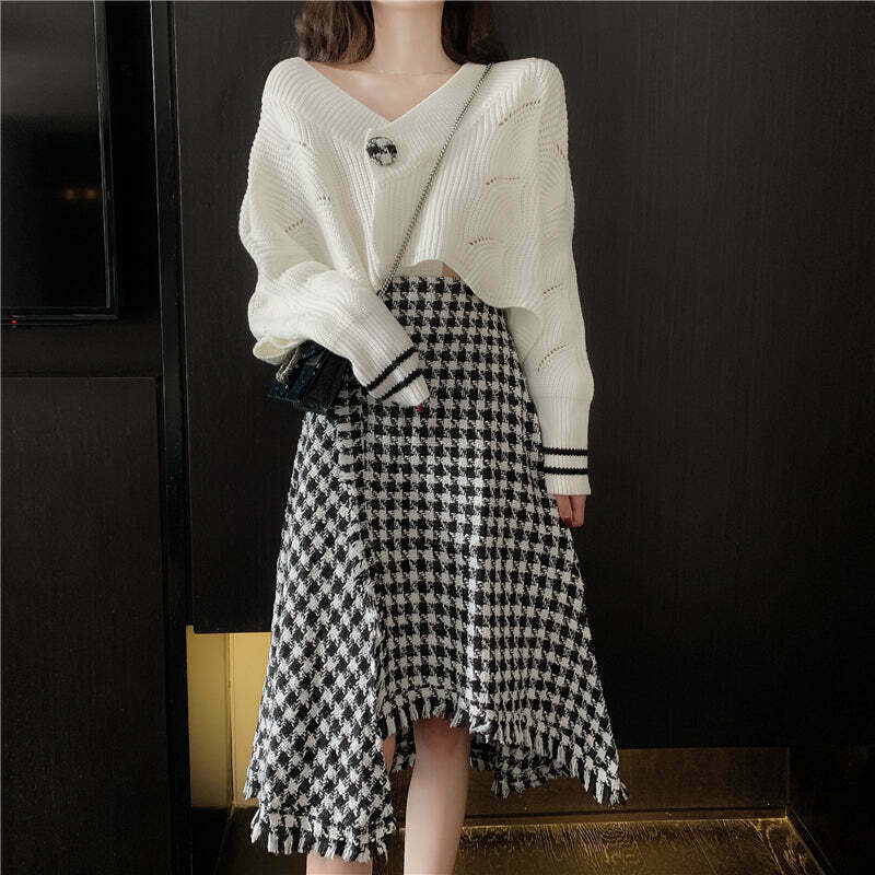 Gen Z K-POP Streetwear: Long-Sleeve Knit Sweater & Wool Skirt Set