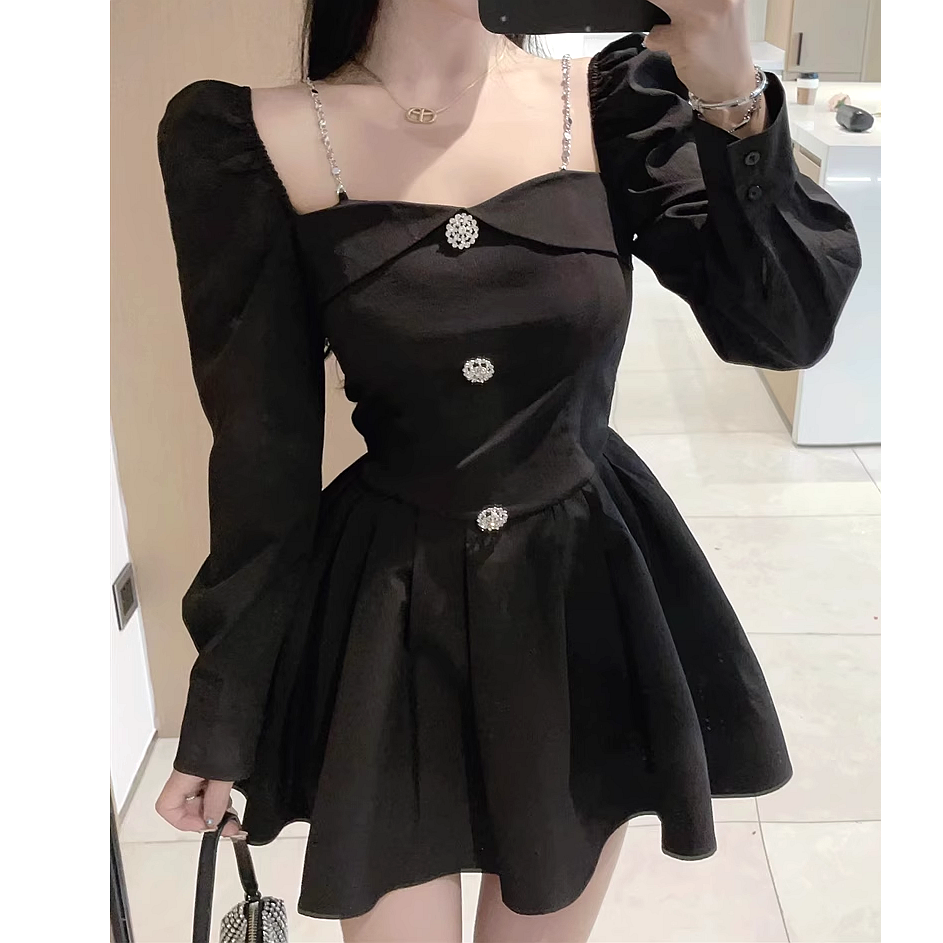 Gen Z K-POP Streetwear: Long Sleeve Square Neck A-Line Dress