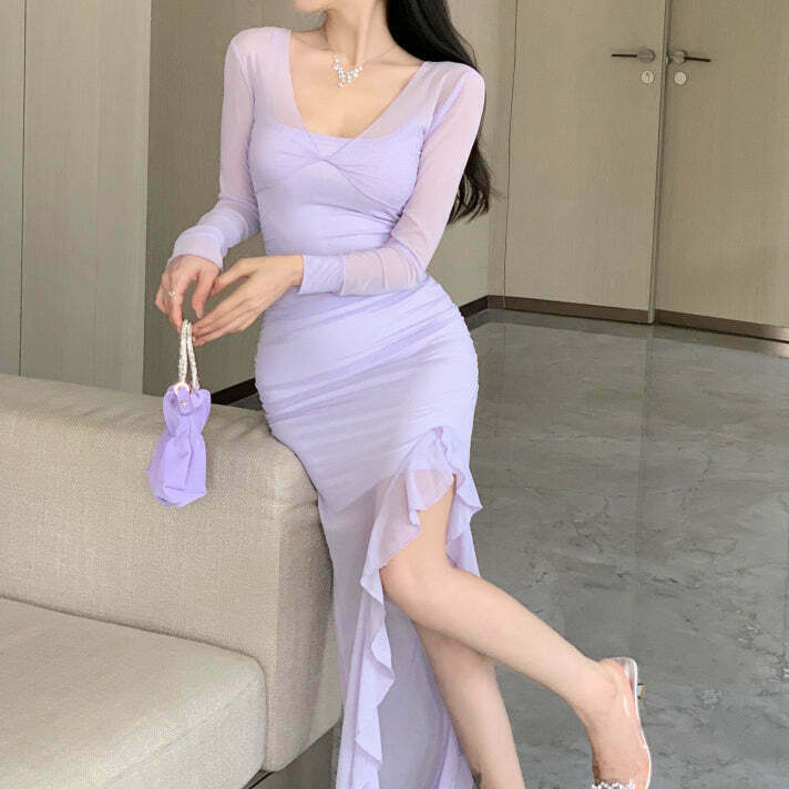 Gen Z K-POP Streetwear Mesh Cami Dress in Solid Color