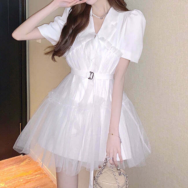 Gen Z K-POP Streetwear Mesh Suit Puff Sleeve Dress