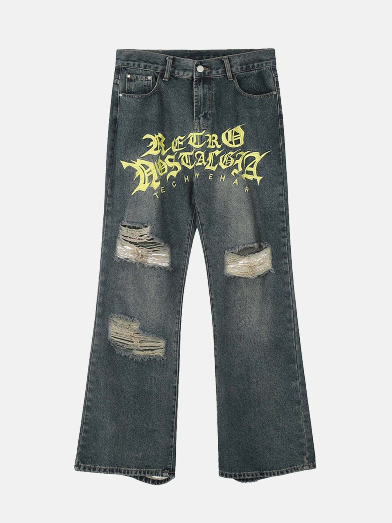 Gen Z K-POP Streetwear: Monogram Embroidered Ripped Flare Jeans