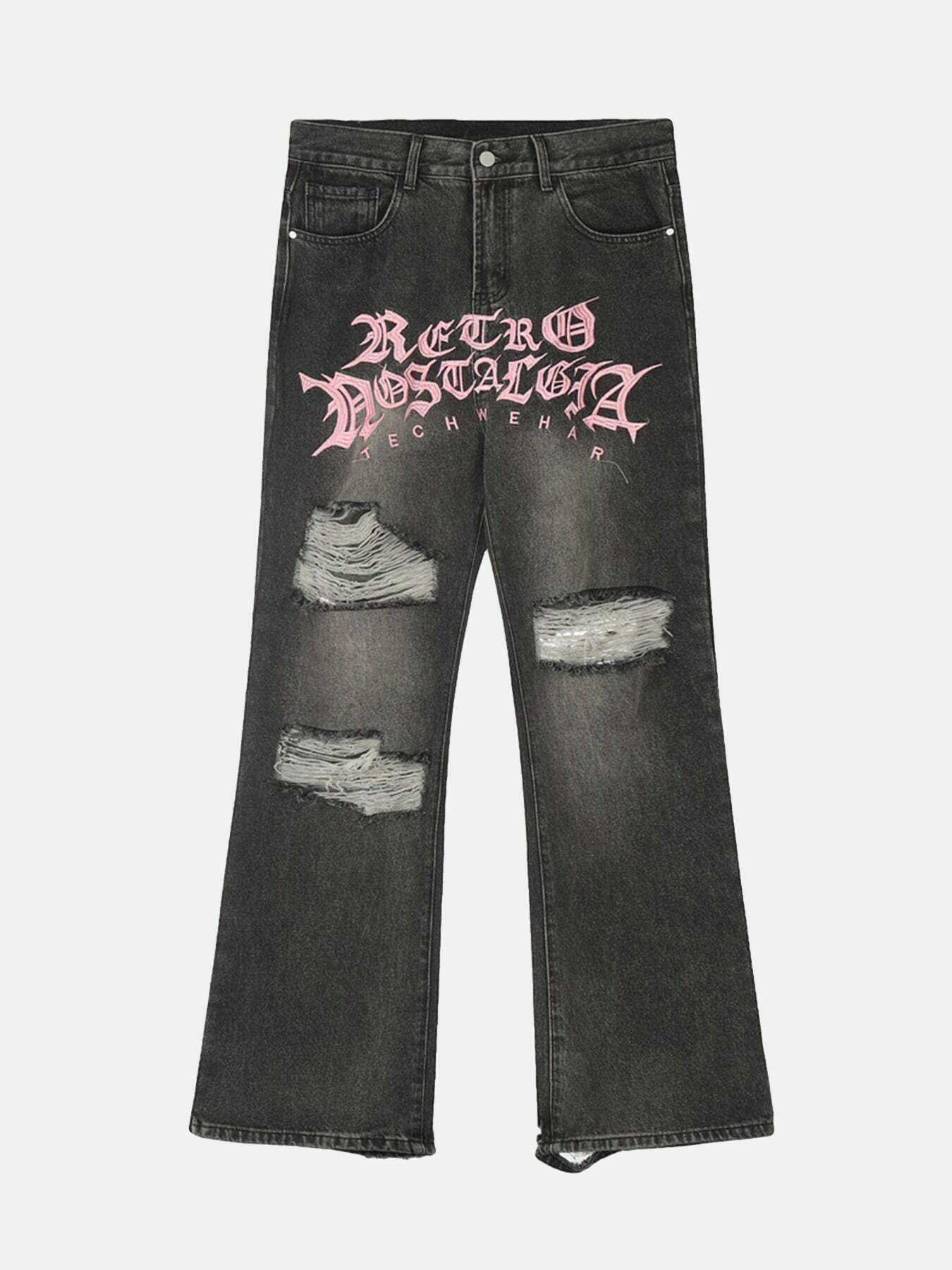 Gen Z K-POP Streetwear: Monogram Embroidered Ripped Flare Jeans