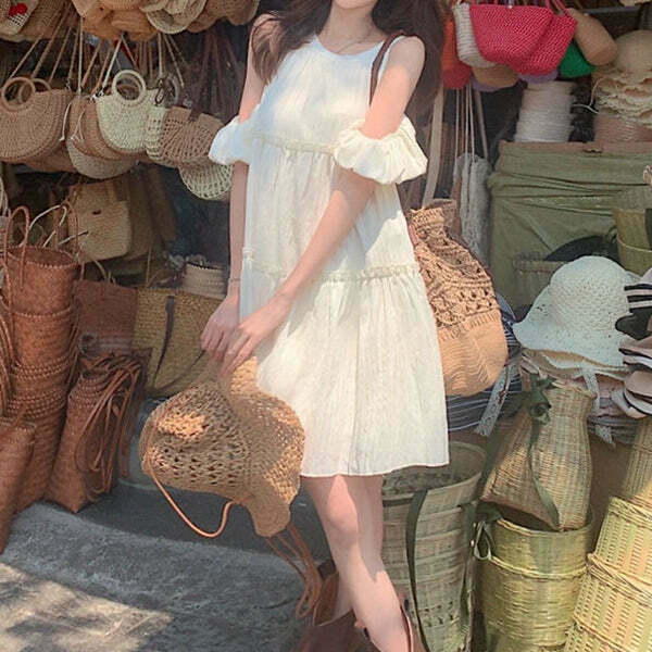 Gen Z K-POP Streetwear: Off-Shoulder Apricot A-Line Dress