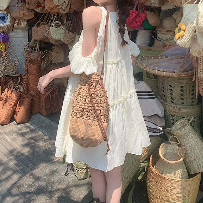 Gen Z K-POP Streetwear: Off-Shoulder Apricot A-Line Dress