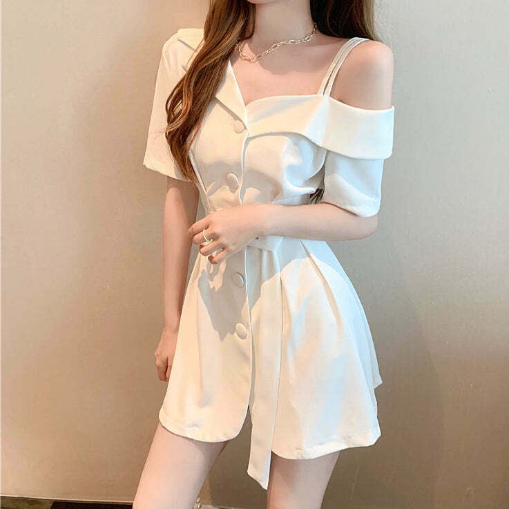 Gen Z K-POP Streetwear: One-Shoulder Belted Short-Sleeve Dress