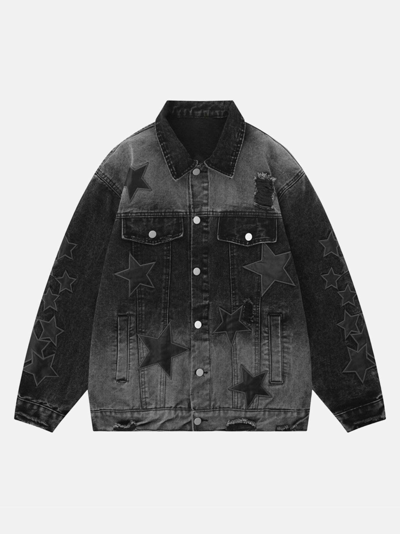 Gen Z K-POP Streetwear: Pentagram Embroidered Y2K Denim Jacket