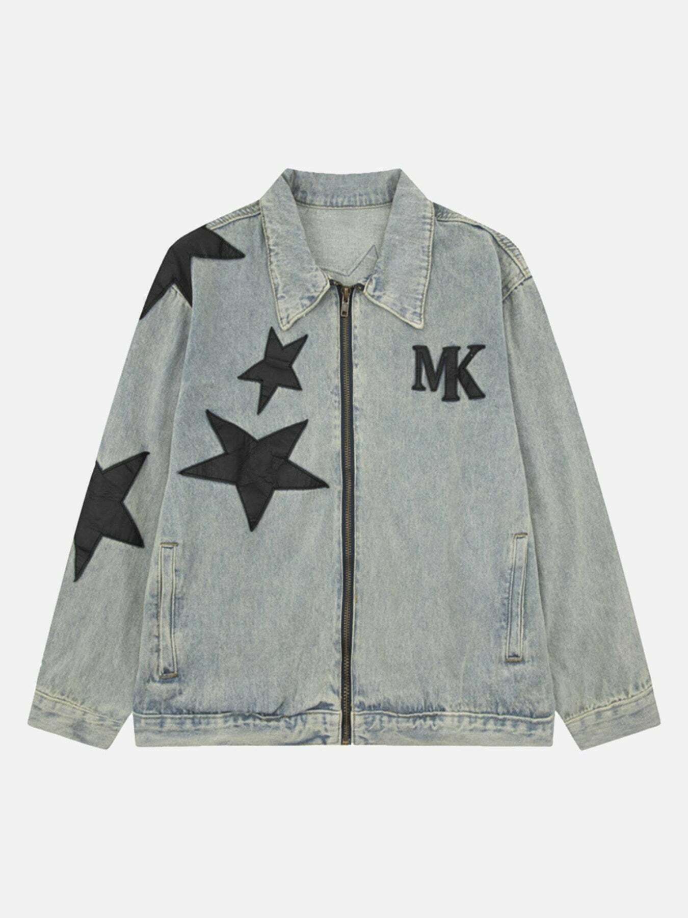 Gen Z K-POP Streetwear: Pentagram Embroidered Y2K Denim Jacket